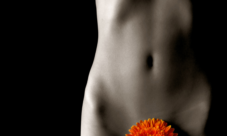 Beautiful nude female body silhouette with daisy flower isolated
